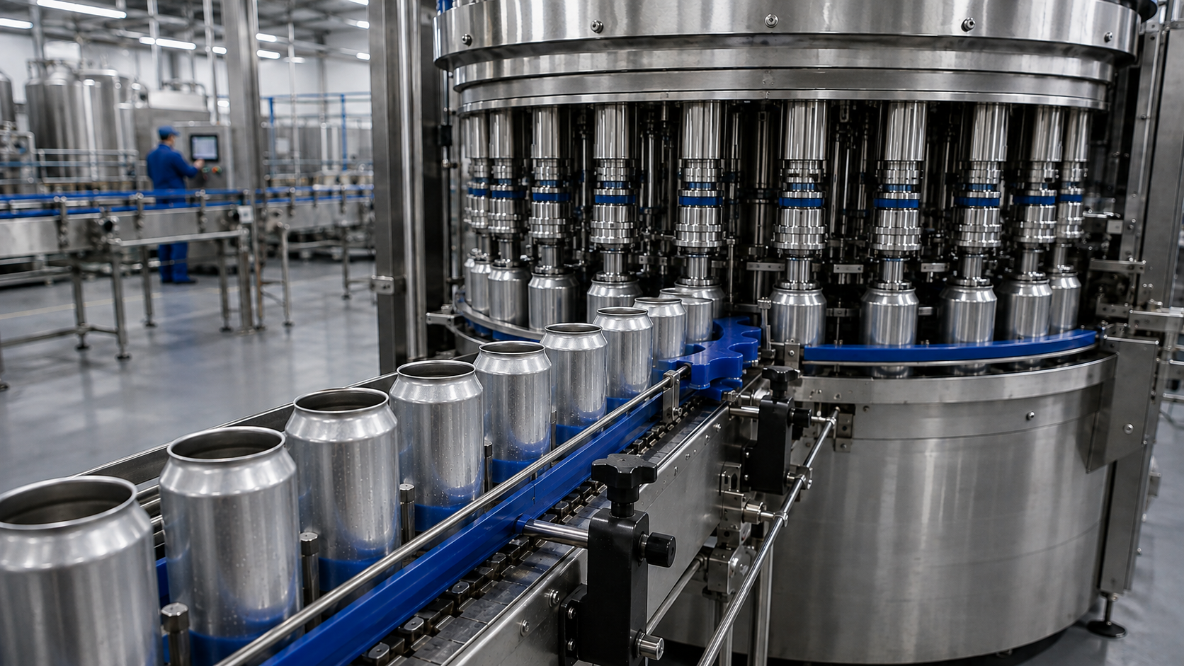 Core beverage filling and canning machines with cans aligned under filling valves