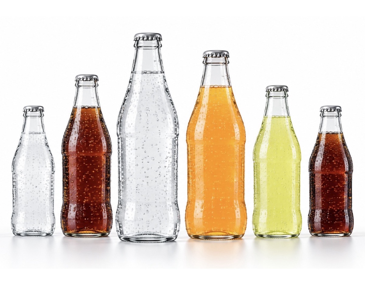 Glass bottles with crown caps for cola soda sparkling water and carbonated beverages
